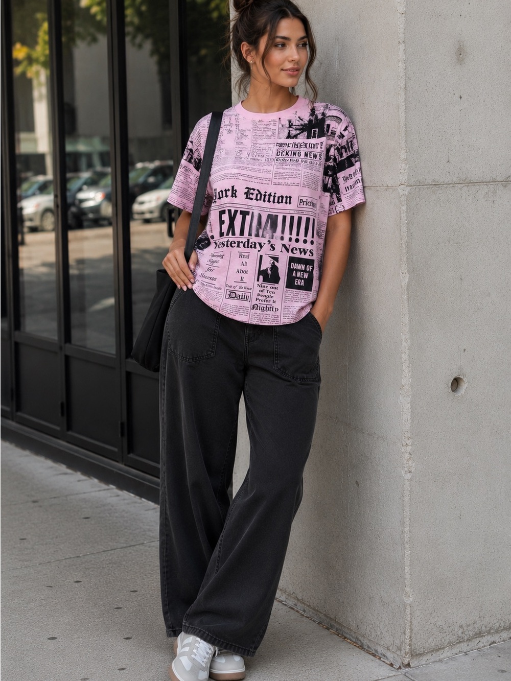 Pink Black Newsprint Graphic Tee S Print Jersey Tumblr Indie Casual Streetwear